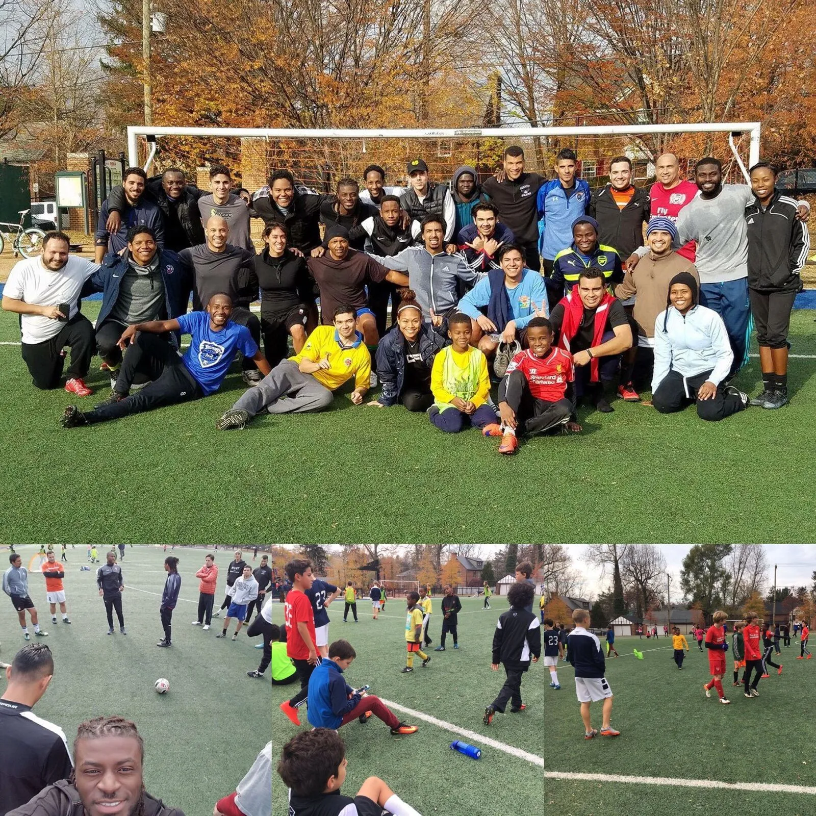 2016: A group photo of adults and children in front of a goal, with a second photo of a game below it.