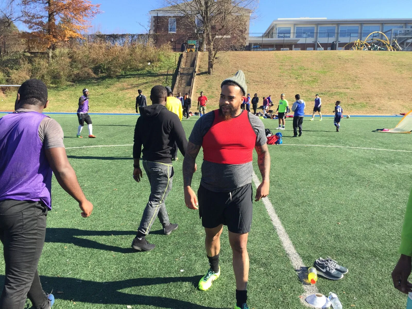 2017: Players walk across an artificial turf field between games.