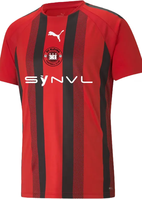 The DC Eleven away jersey: red and black stripes, the DC Eleven crest and the SYNVL logo.